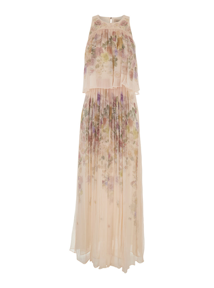 Long Dress Flower Print with Floral in Beige Viscose for Women
