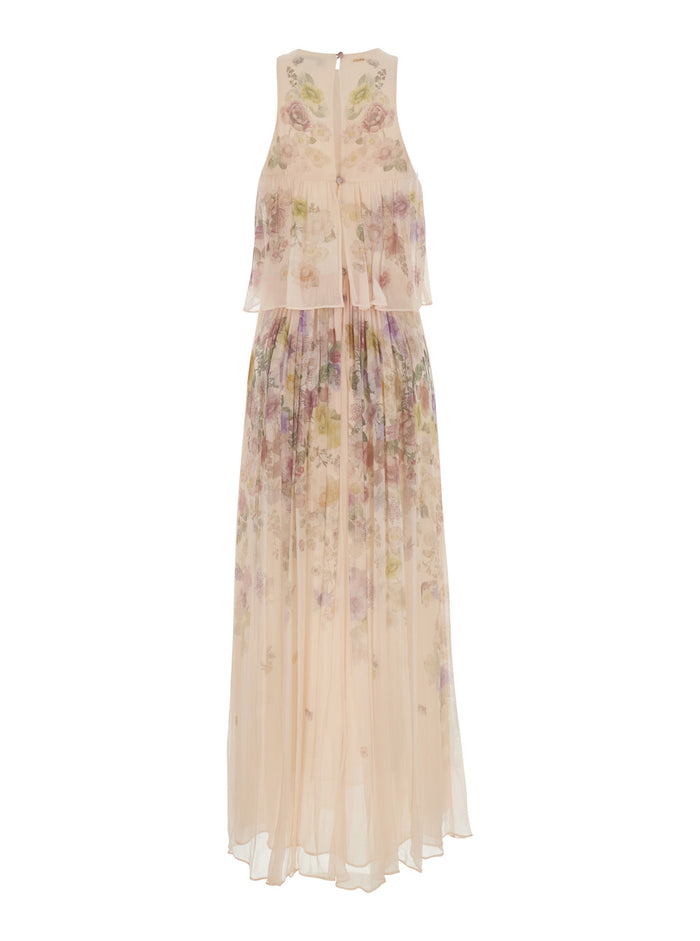 Long Dress Flower Print with Floral in Beige Viscose for Women