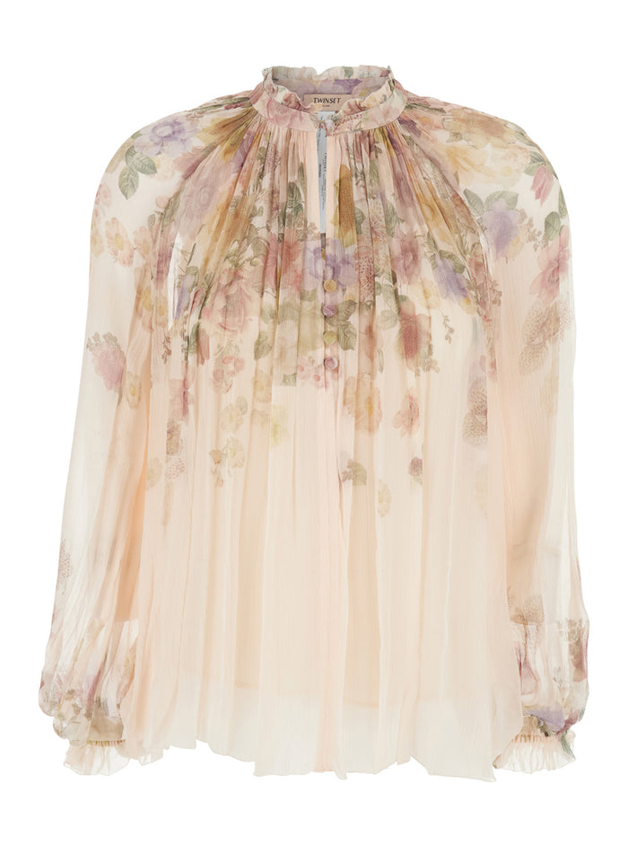 Beige Blouse with High Collar and All-Over Floral Print in Viscose for Women Shirts Blouses