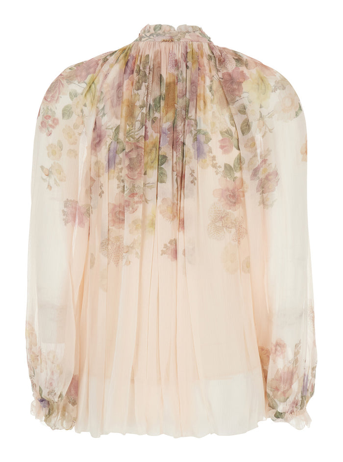 Beige Blouse with High Collar and All-Over Floral Print in Viscose for Women Shirts Blouses