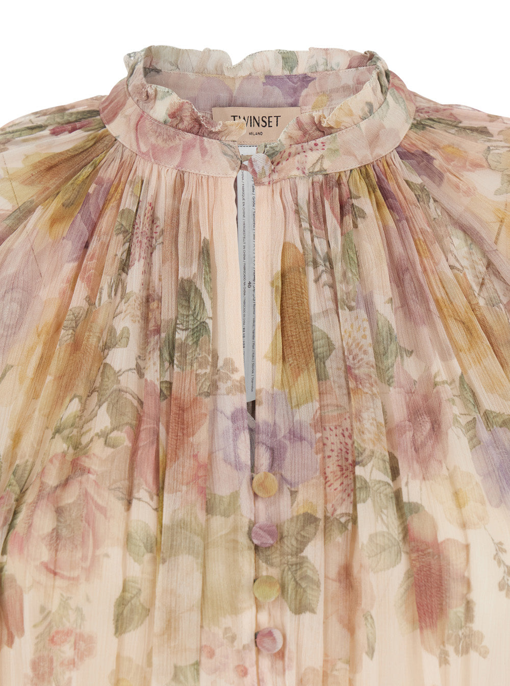 Beige Blouse with High Collar and All-Over Floral Print in Viscose for Women Shirts Blouses