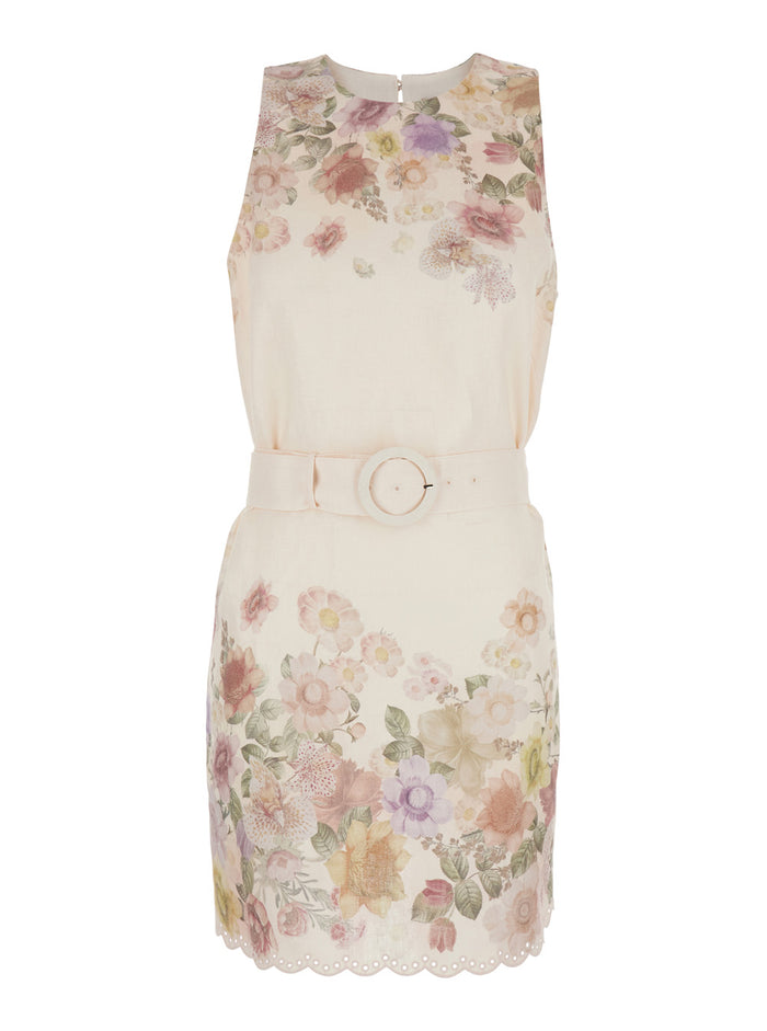 Dress FLOWER PRINT Beige with Floral in Linen Women