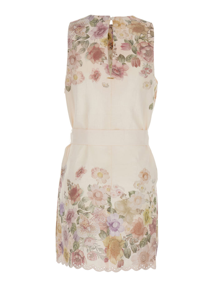 Dress FLOWER PRINT Beige with Floral in Linen Women