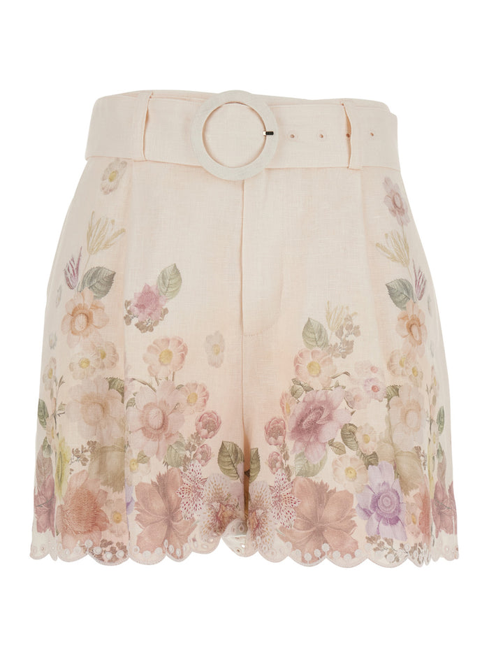 Beige Floral Print Shorts with Waist Belt for Women Linen And Bermuda