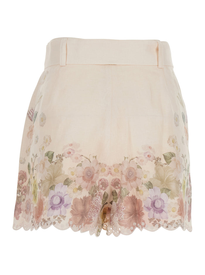 Beige Floral Print Shorts with Waist Belt for Women Linen And Bermuda