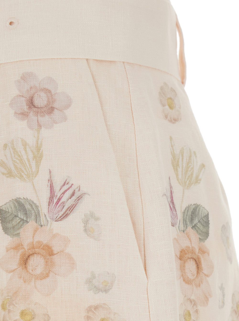 Beige Floral Print Shorts with Waist Belt for Women Linen And Bermuda