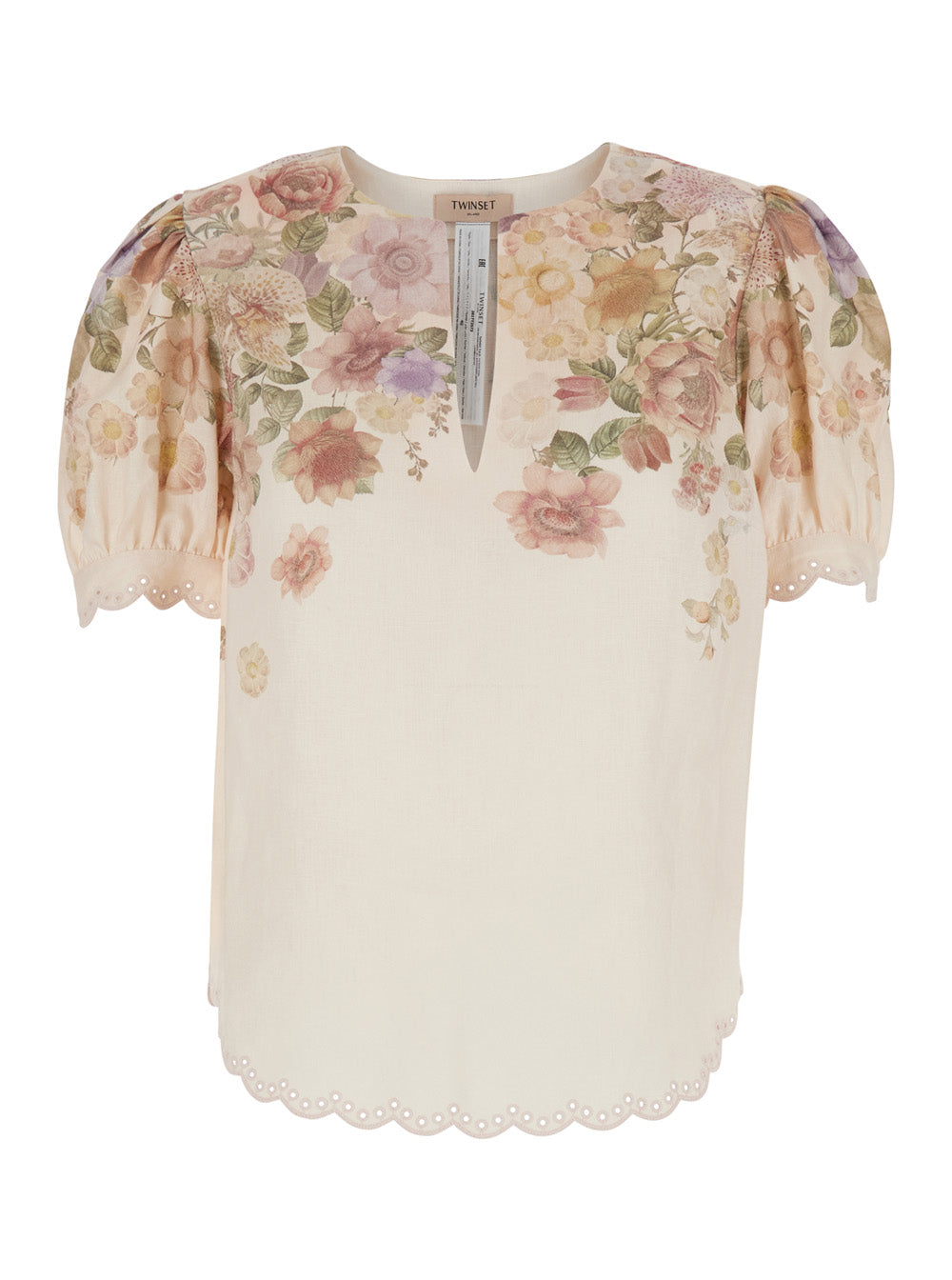 Shirt FLOWER PRINT Beige with Floral in Linen Women And Blouses