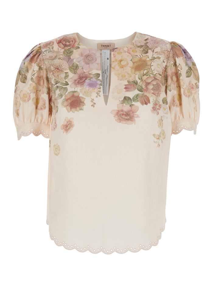 Shirt FLOWER PRINT Beige with Floral in Linen Women And Blouses