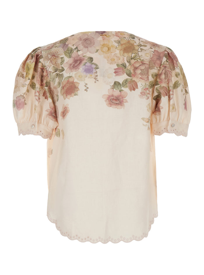 Shirt FLOWER PRINT Beige with Floral in Linen Women And Blouses