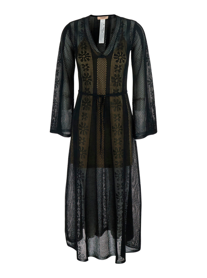 Long Dress - Black With V-Neck And Sleeves Viscose Women Polyester