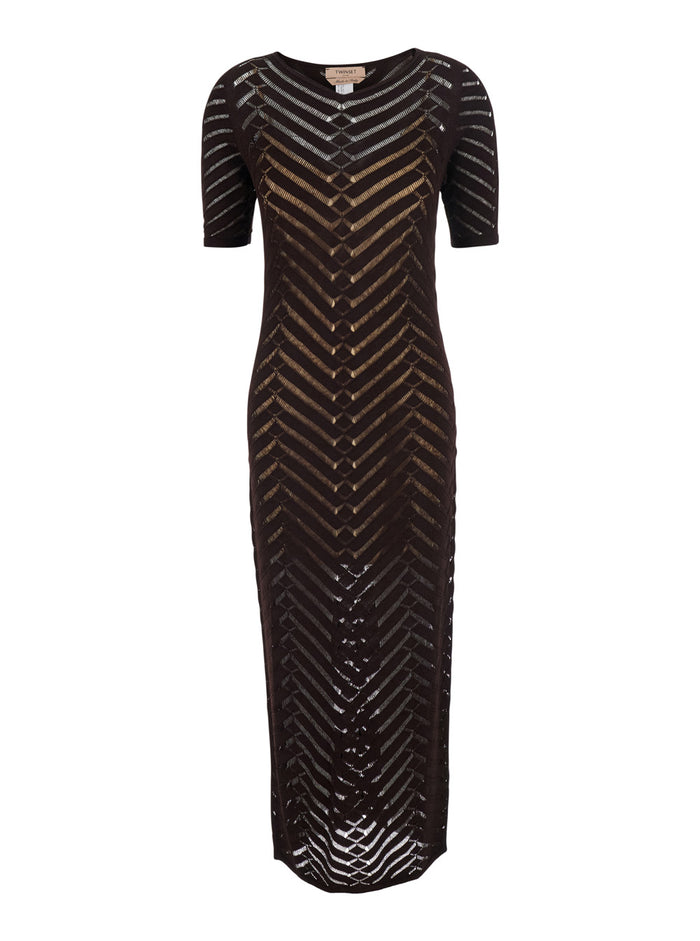 Long Dress Knitted Brown With Round Neck And Sleeves Viscose Women Elastane