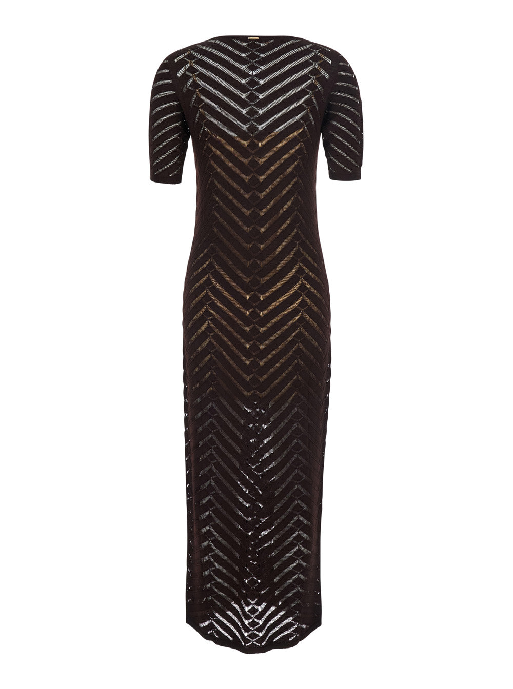 Long Dress Knitted Brown With Round Neck And Sleeves Viscose Women Elastane