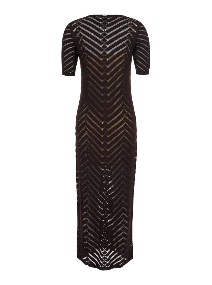 Long Dress Knitted Brown With Round Neck And Sleeves Viscose Women Elastane