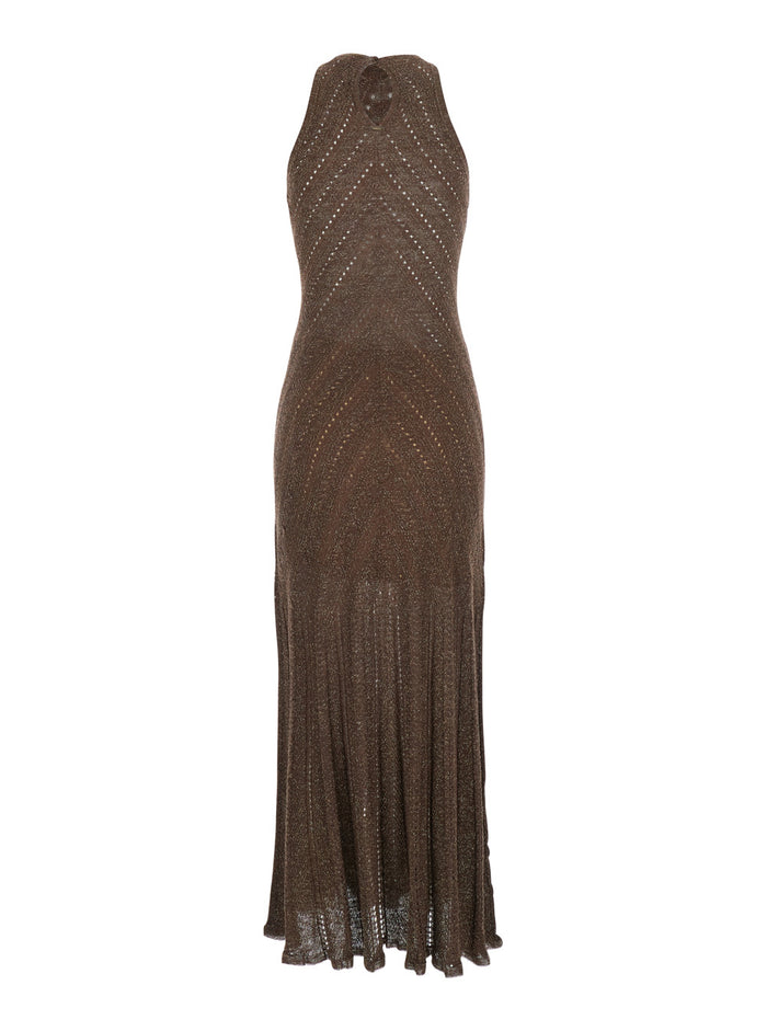 Long Dress Knitted With V-Neck And Sleeves Brown For Women Linen Polyester Polyamide
