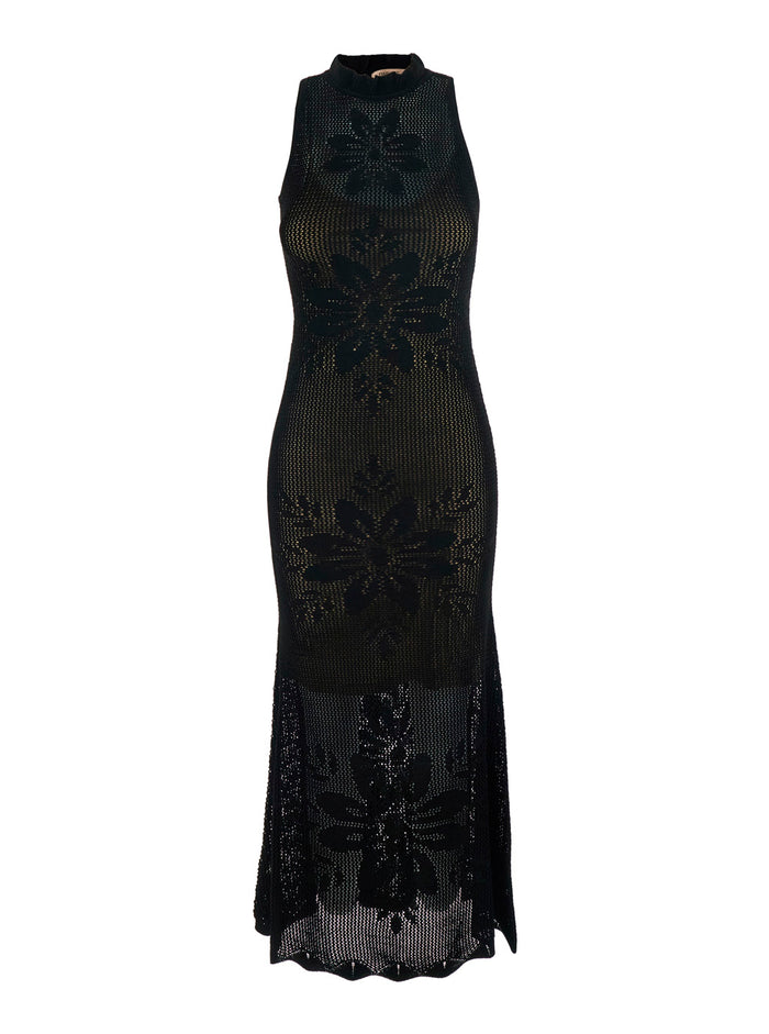 Long Dress Knitted Black With V-Neck And Sleeves Viscose Women Polyamide
