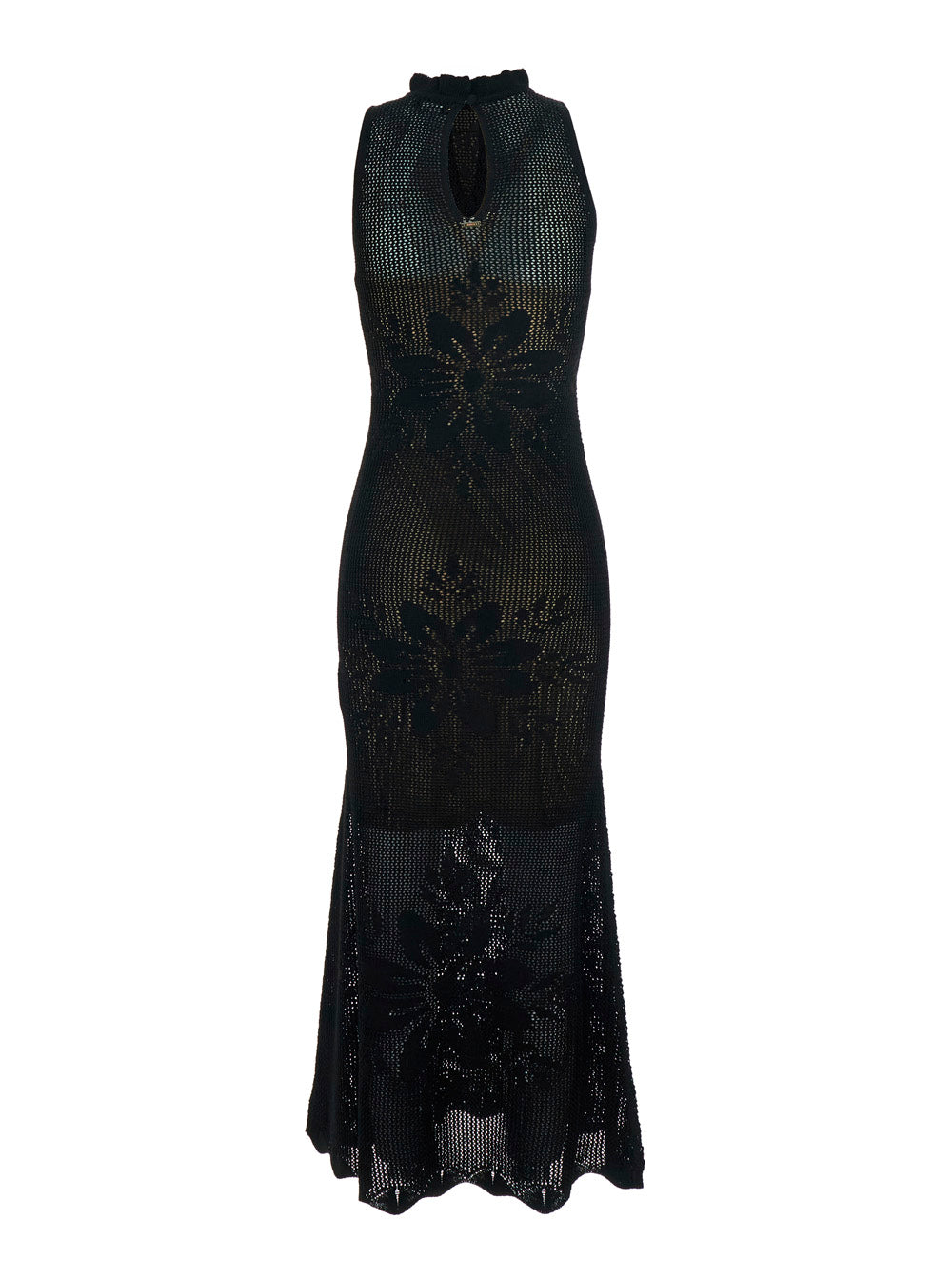Long Dress Knitted Black With V-Neck And Sleeves Viscose Women Polyamide