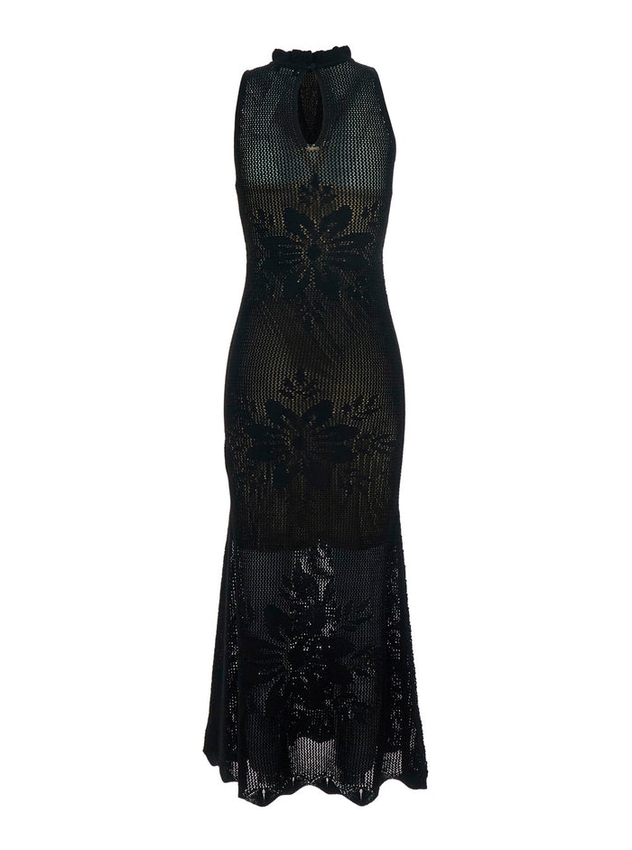 Long Dress Knitted Black With V-Neck And Sleeves Viscose Women Polyamide