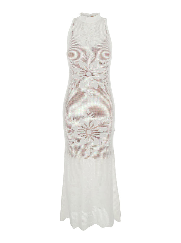 Long Sleeveless Crew Neck Dress White Viscose