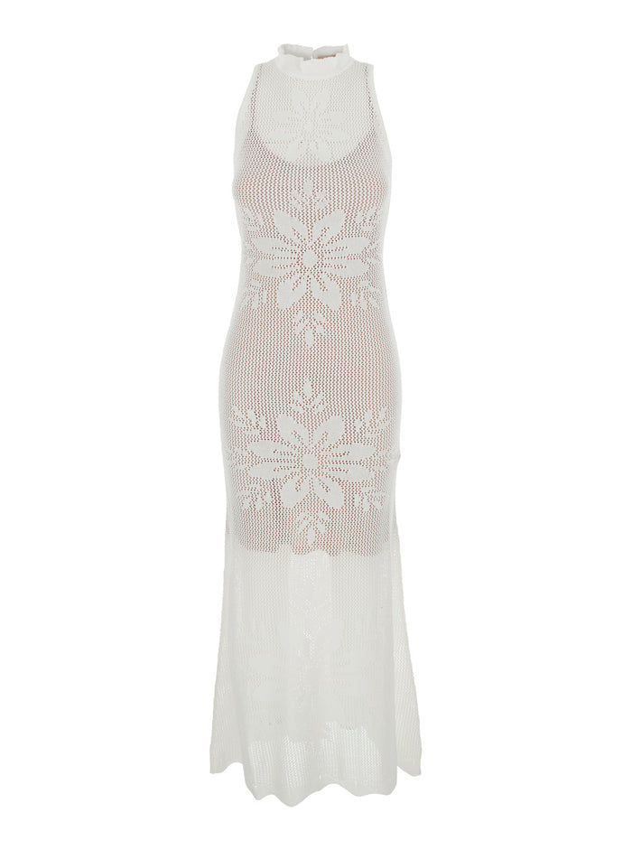 Long Dress Knitted White With V-Neck And Sleeves Viscose Women Polyamide