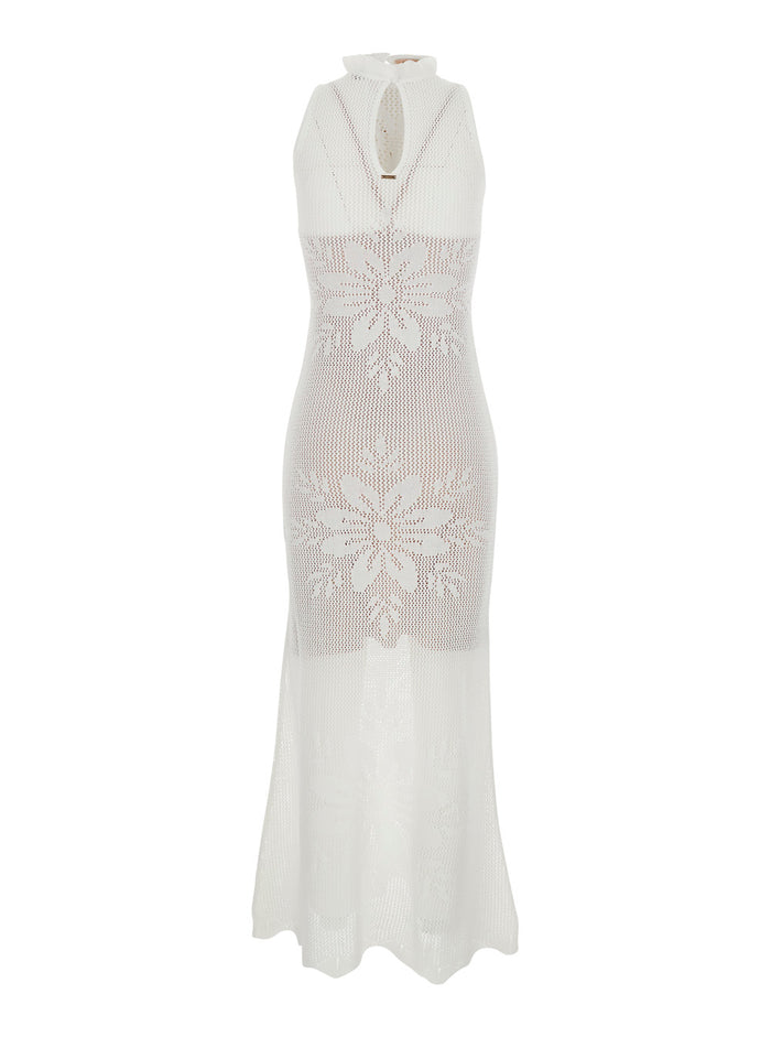 Long Dress Knitted White With V-Neck And Sleeves Viscose Women Polyamide