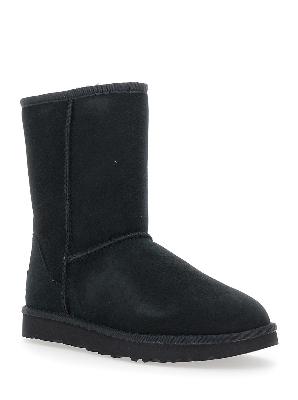 Womens Classic Short Boots with Logo Patch on the Back and Fur Lining in Black Suede Leather Twinface