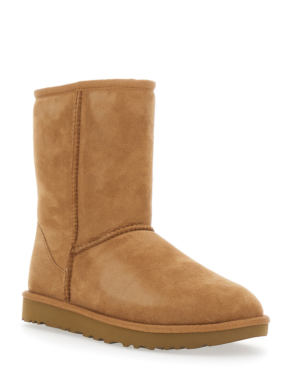 Womens Classic Short Boots with Logo Patch on the Back and Fur Lining in Beige Suede Leather Twinface
