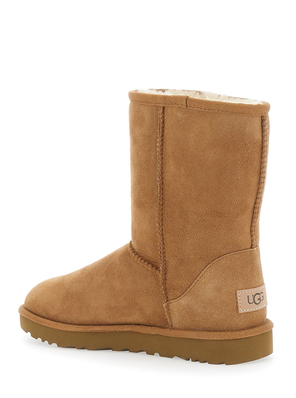 Womens Classic Short Boots with Logo Patch on the Back and Fur Lining in Beige Suede Leather Twinface