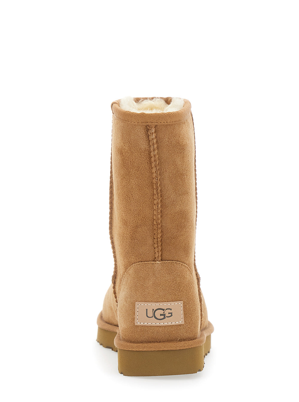 Womens Classic Short Boots with Logo Patch on the Back and Fur Lining in Beige Suede Leather Twinface