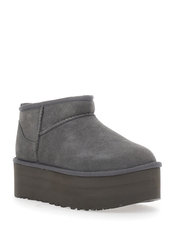 Womens Ultra Mini Classic Pull On Boots in Grey Suede Leather Ankle