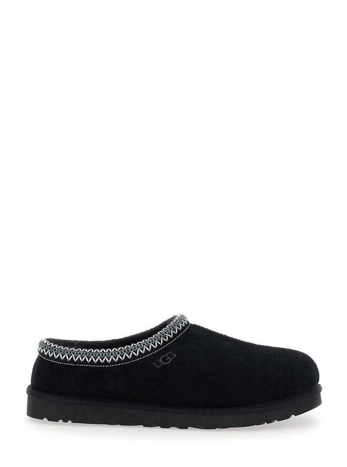 Mule Tasman With Logo Embossed Suede Black Men Leather Textile Flat Shoes