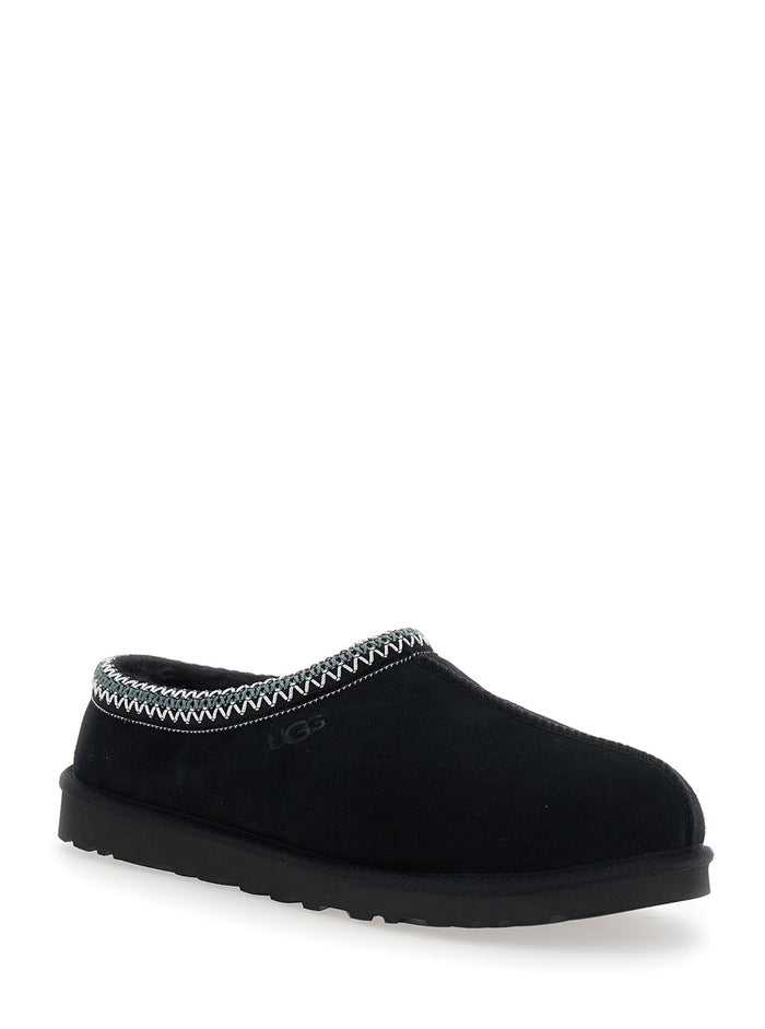 Mule Tasman With Logo Embossed Suede Black Men Leather Textile Flat Shoes