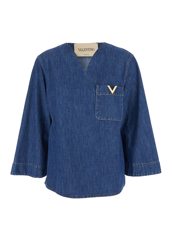 Blouse V-Neck Blue Cotton Blouses