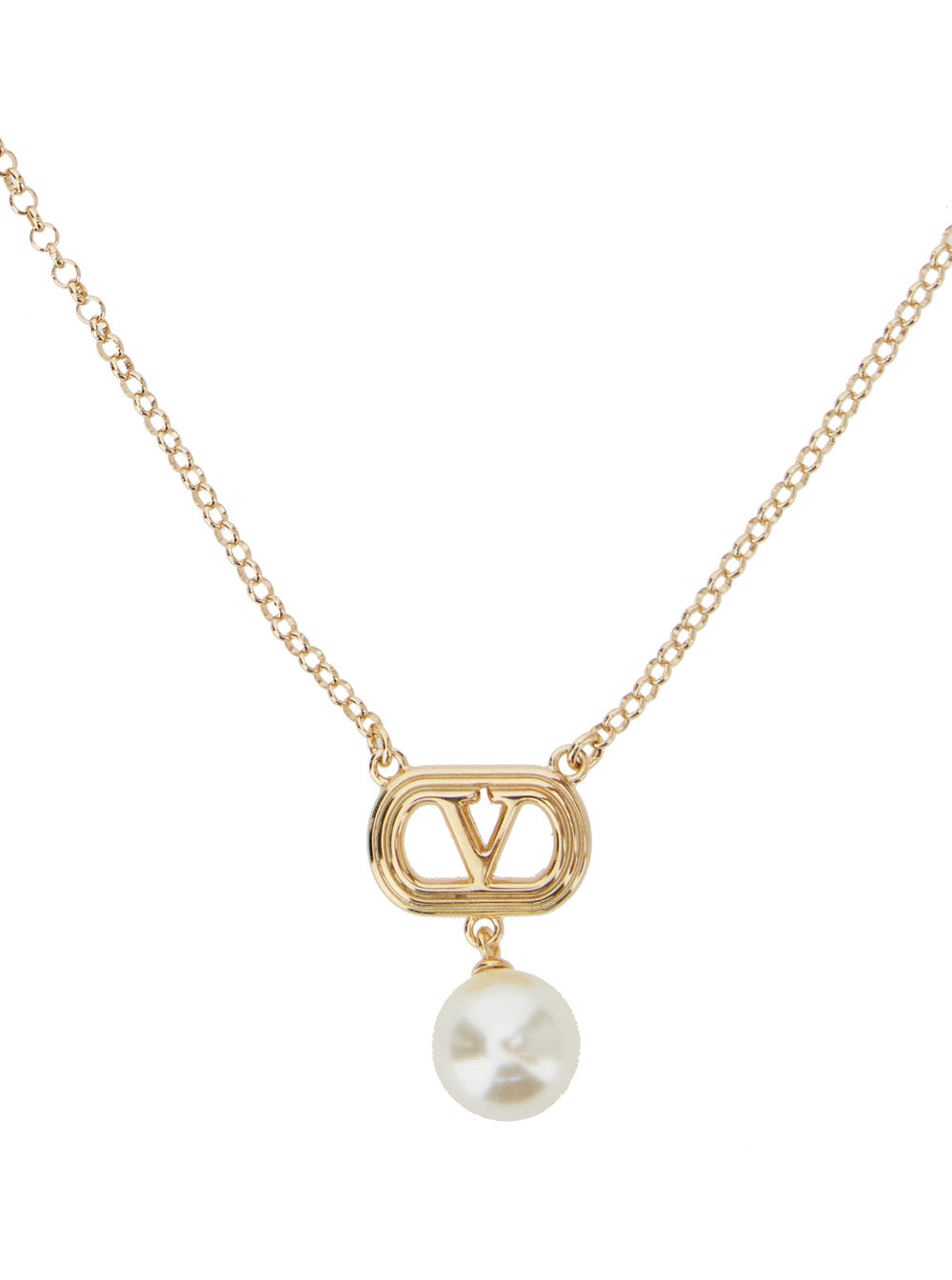 Metallic Chain Necklace With Vlogo Charm And Pearl Brass Woman Necklaces
