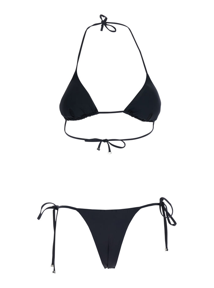 Black Bikini with Gem Embroidery and Adjustable Drawstring Closure in Stretch Tech Fabric for Women Polyamide Polyester Elastane Beachwear