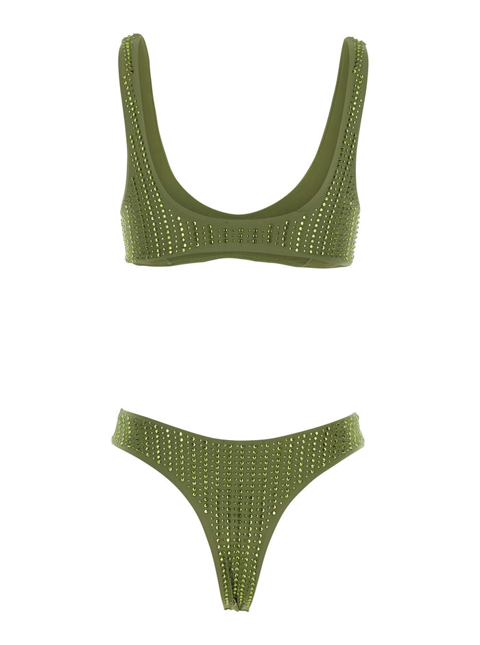 High-Cut Green Bikini with Brazilian Cut Brief and All-Over Sequin Stripe Decoration in Stretch Tech Fabric for Women Polyamide Elastane Beachwear