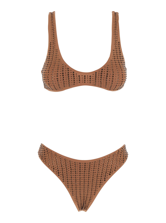 Brown Sbambato Bikini with Stud Decoration in Tech Fabric Beachwear