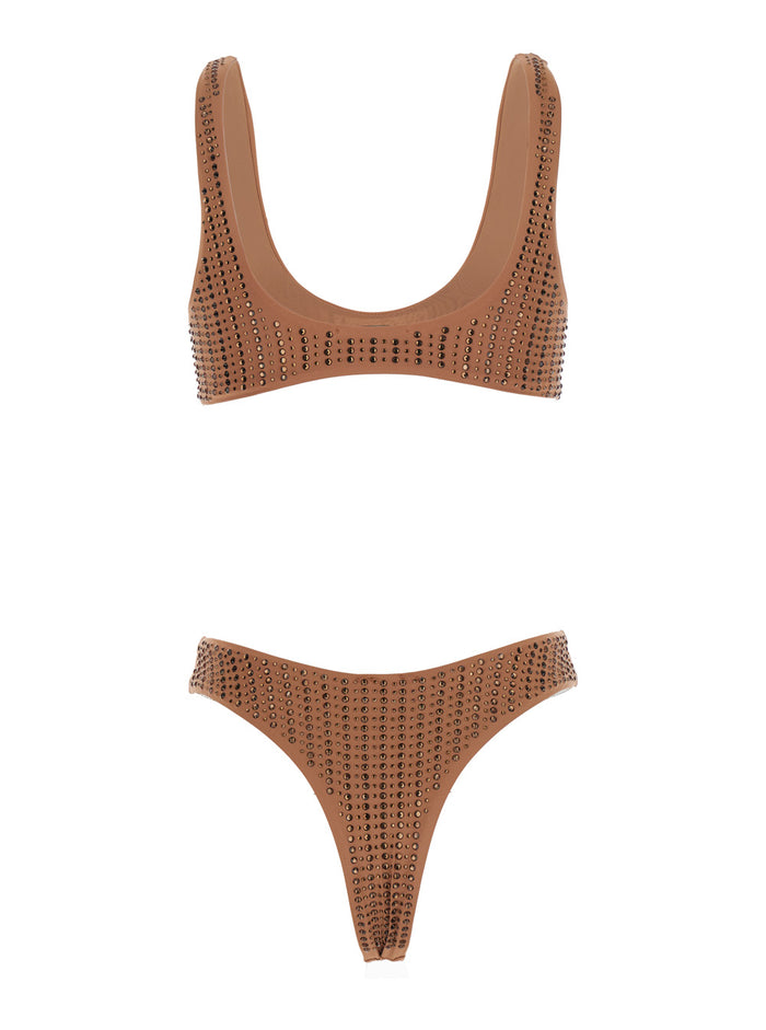 Brown Sbambato Bikini with Stud Decoration in Tech Fabric Beachwear