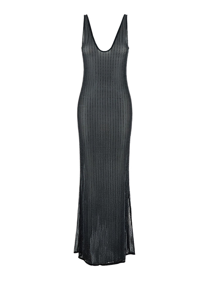 Malibu Dress with V-Neck and All-Over Crystal Decoration in Black Stretch Tech Fabric for Women Long