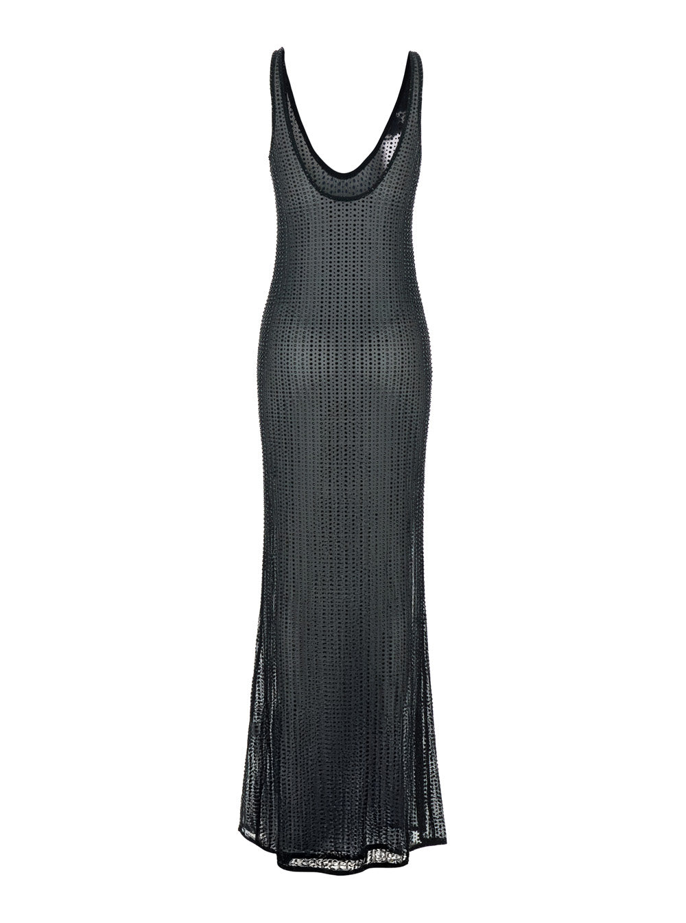 Malibu Dress with V-Neck and All-Over Crystal Decoration in Black Stretch Tech Fabric for Women Long