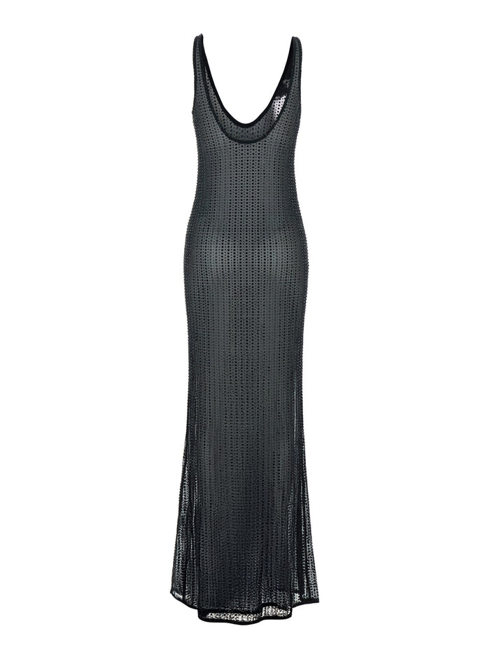 Malibu Dress with V-Neck and All-Over Crystal Decoration in Black Stretch Tech Fabric for Women Long