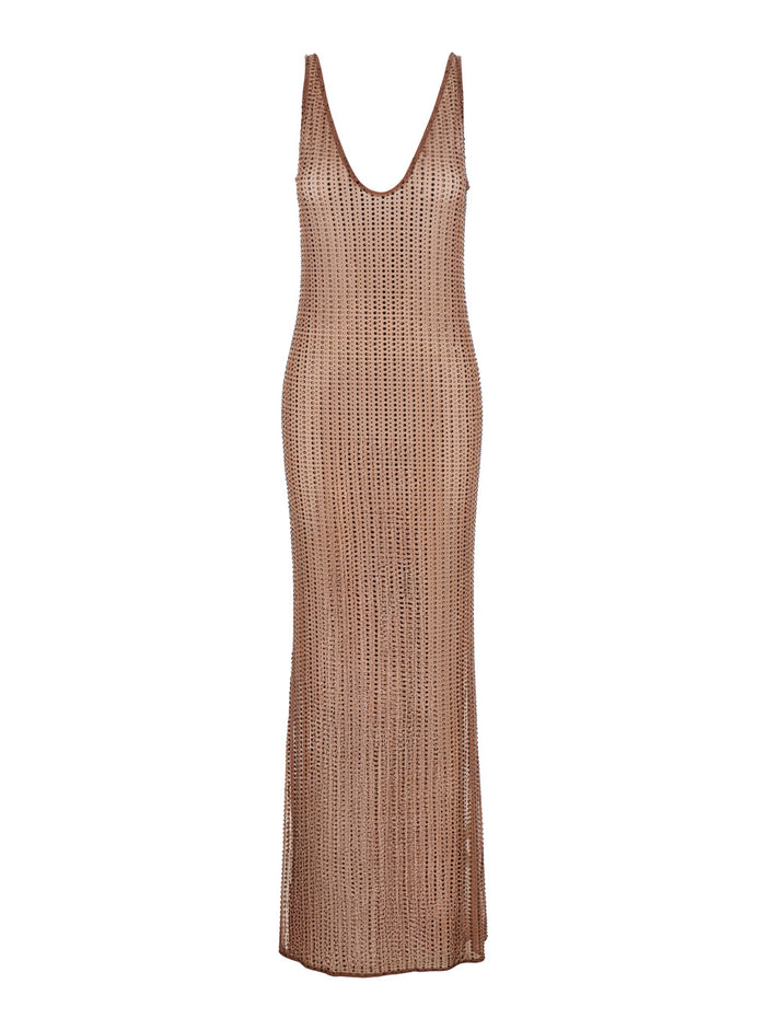 Malibu Dress with V-Neck and All-Over Crystal Decoration in Brown Stretch Tech Fabric for Women Long