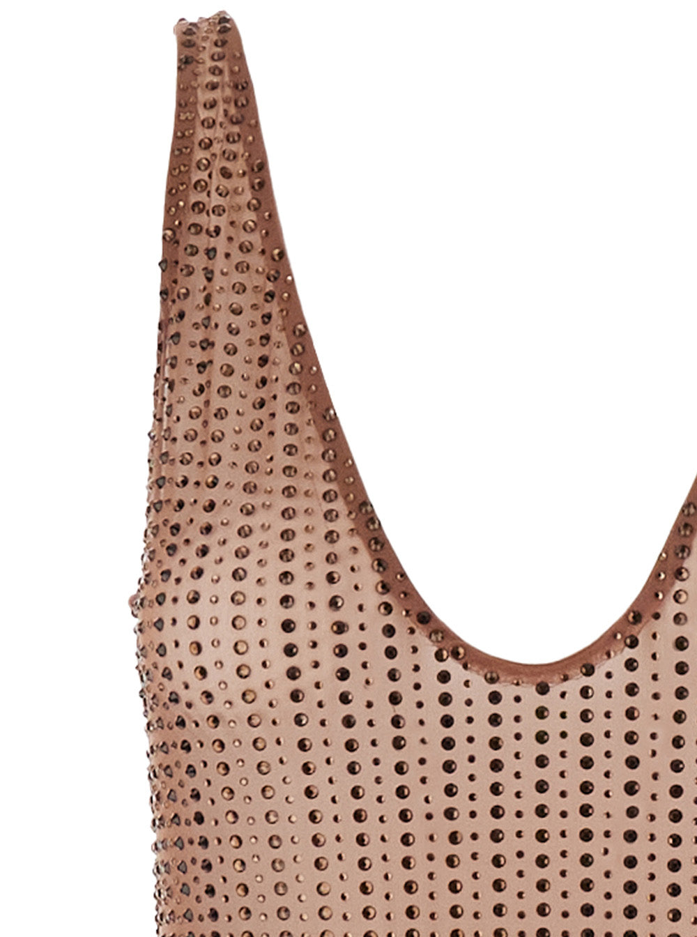 Malibu Dress with V-Neck and All-Over Crystal Decoration in Brown Stretch Tech Fabric for Women Long