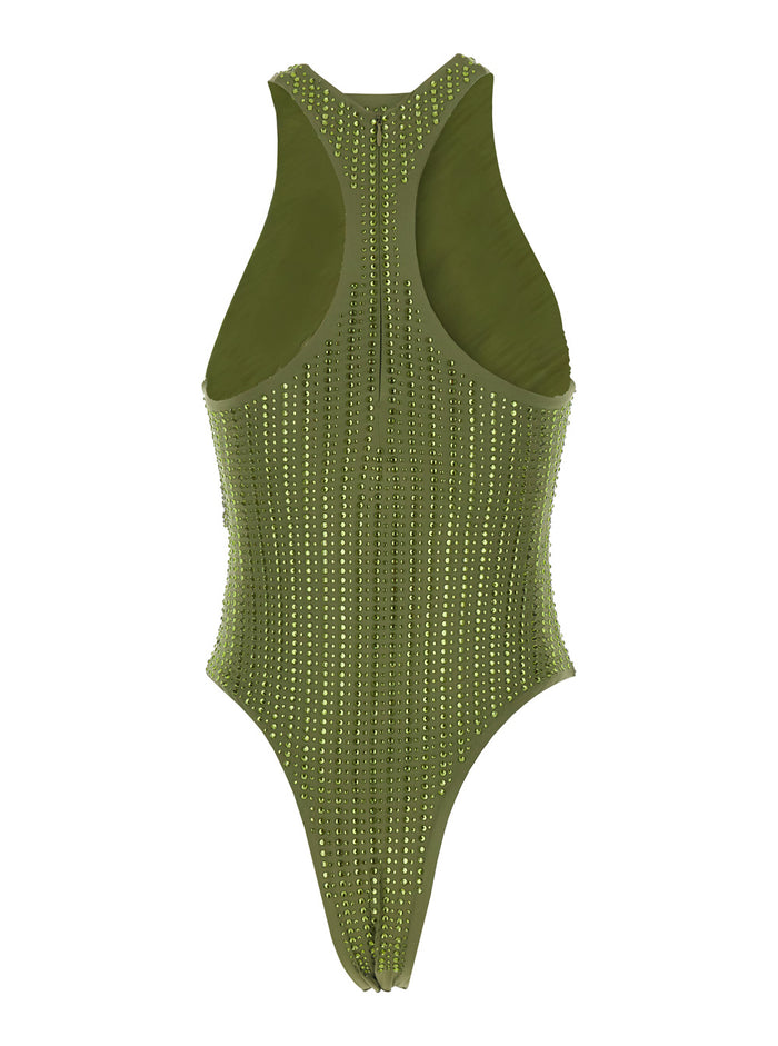 One-Piece Swimsuit with Racerback and Striped Sequins in Green Tech Fabric for Women Beachwear