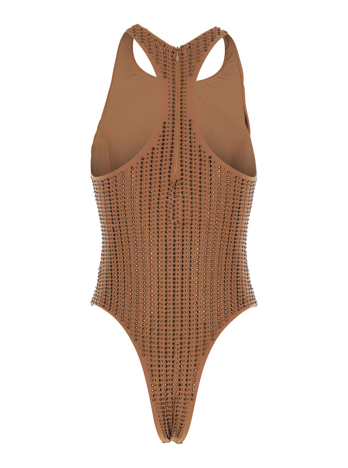 One-Piece Swimsuit with Racerback and Striped Sequins in Stretch Tech Fabric Brown Women Beachwear