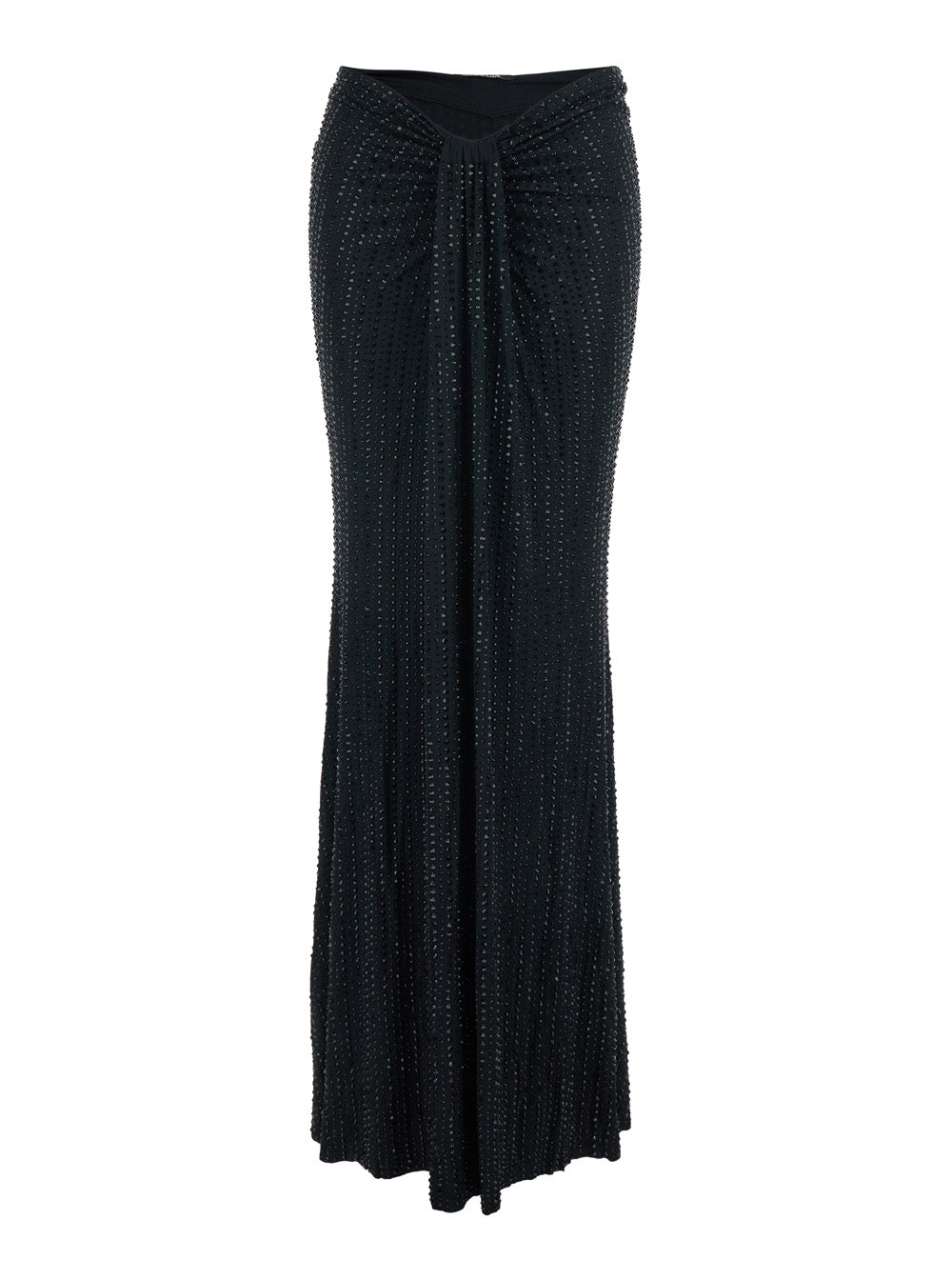 Skirt With Draped Detail On The Front And All-Over Sequin Stripe Decoration Black Stretch Tech Fabric For Women