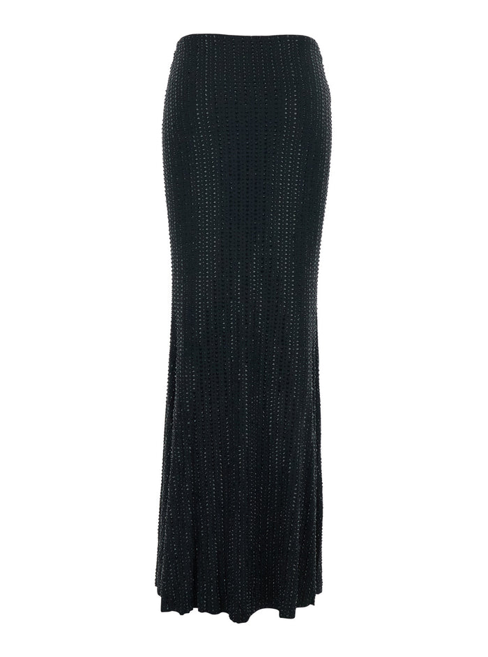 Skirt With Draped Detail On The Front And All-Over Sequin Stripe Decoration Black Stretch Tech Fabric For Women