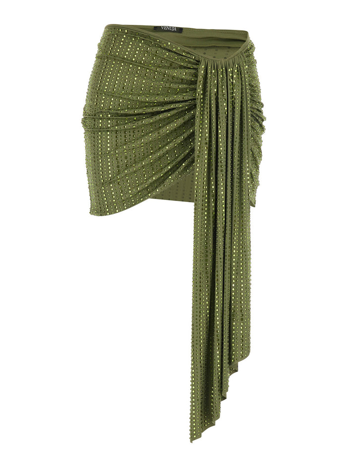 Green Mini Skirt With Draping On The Front And All-Over Strass Tech Fabric For Women