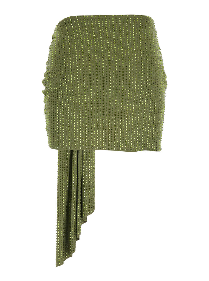 Green Mini Skirt With Draping On The Front And All-Over Strass Tech Fabric For Women