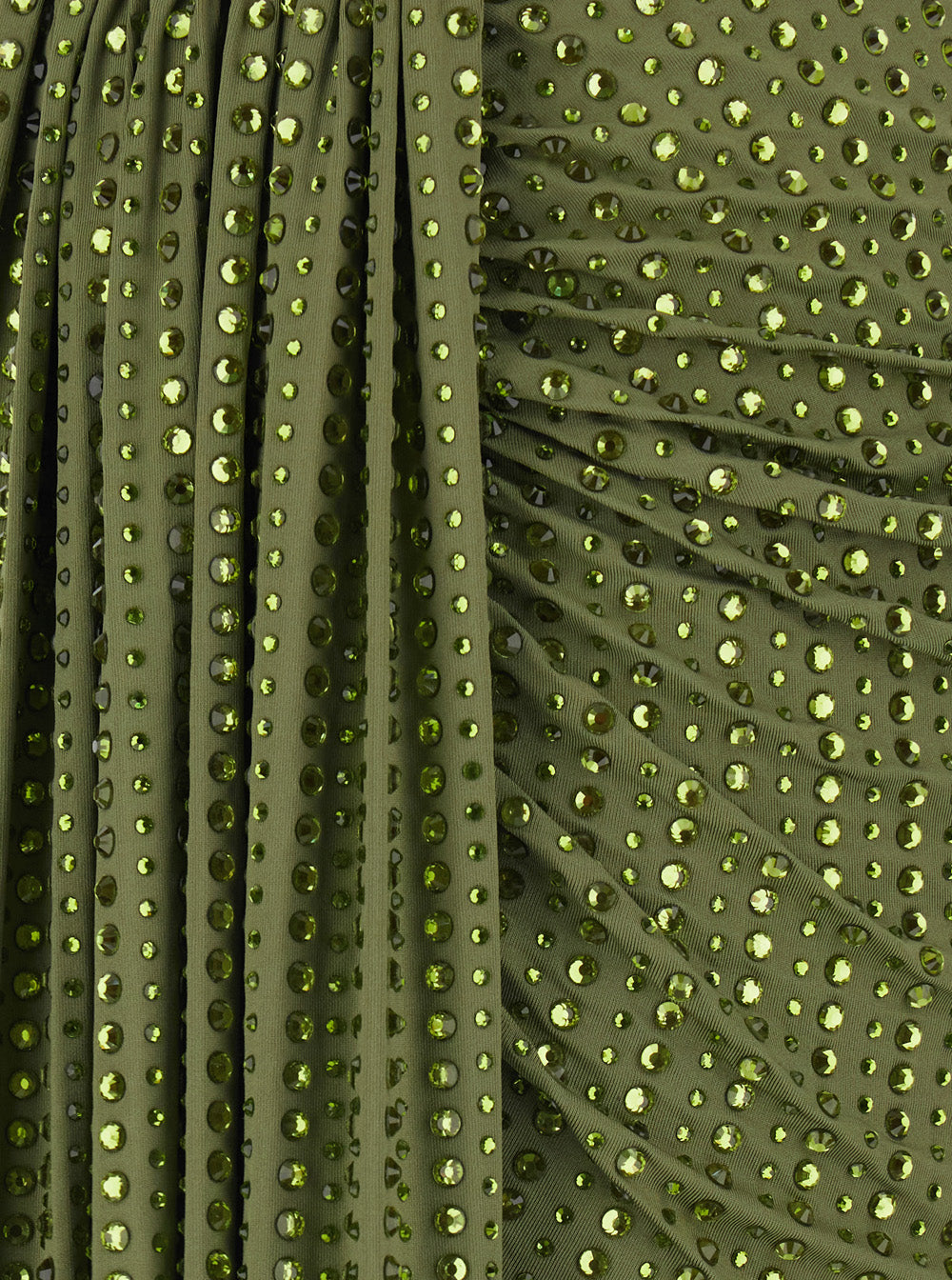 Green Mini Skirt With Draping On The Front And All-Over Strass Tech Fabric For Women