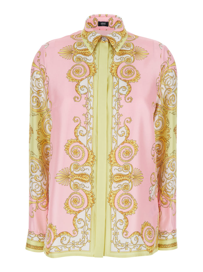 Shirt with Pointed Collar and All-Over Baroque Print in Multicolor Silk for Women Blouses